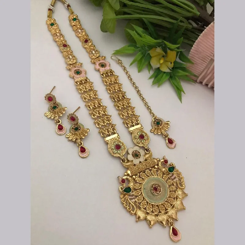 women’s infinity chain necklaces-FS Collection Gold Plated Kundan Stone Long Necklace Set