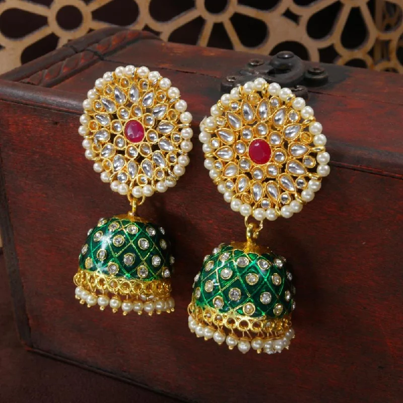 women’s silver hoop earrings with gems-Etnico Gold Plated Meenakari Kundan & Pearl Drop Jhumka Earrings For Women (E2925Cr)