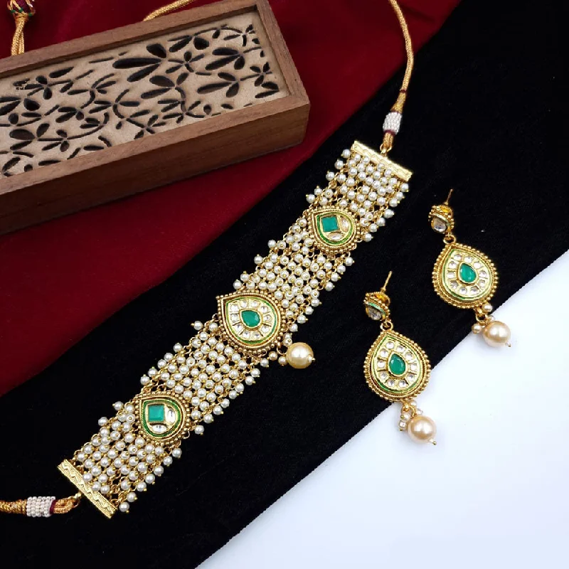 women’s love heart necklaces-JCM Jewellery Gold Plated Kundan Stone And Pearls Choker Necklace Set