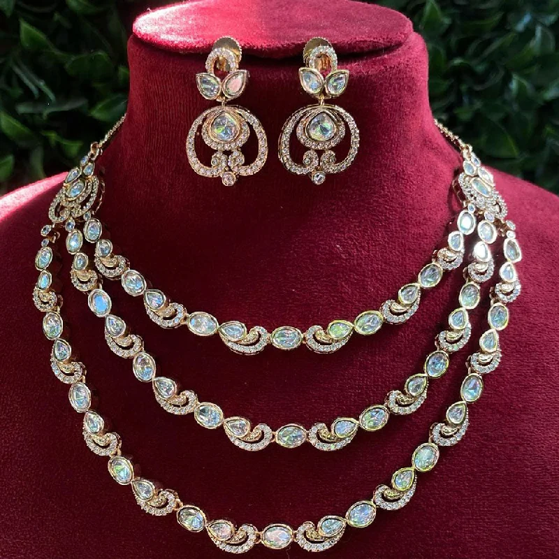 women’s heart-shaped necklaces-Royal Kundan Jewellery Gold Plated Polki Kundan Multi Layer Necklace Set