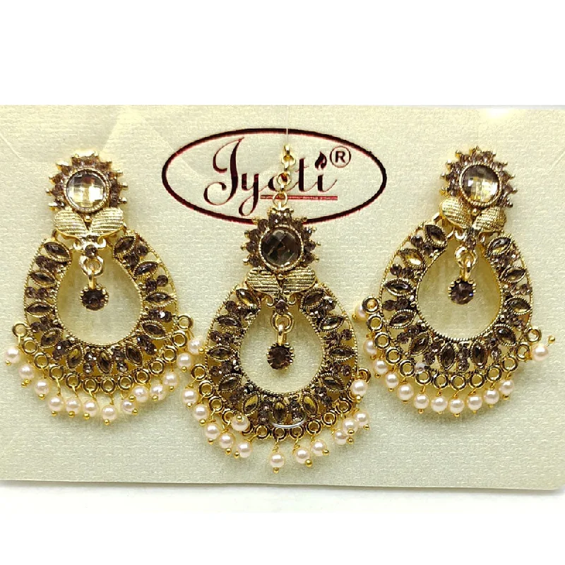 women’s crystal drop earrings-Tip Top Jewellers Gold Plated Austrian Stone And Pearl Earrings With Mangtikka