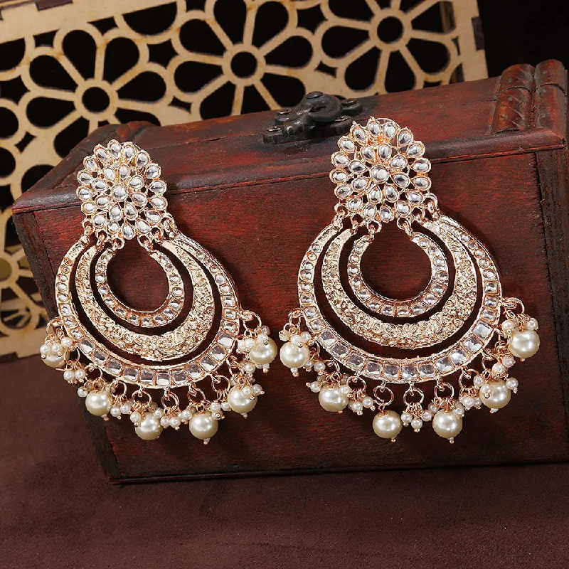 women’s double hoop earrings-Etnico 18k Rose Gold Plated Big Chandbali Earrings Glided With Kundan & Pearl for Women (E2860RG)