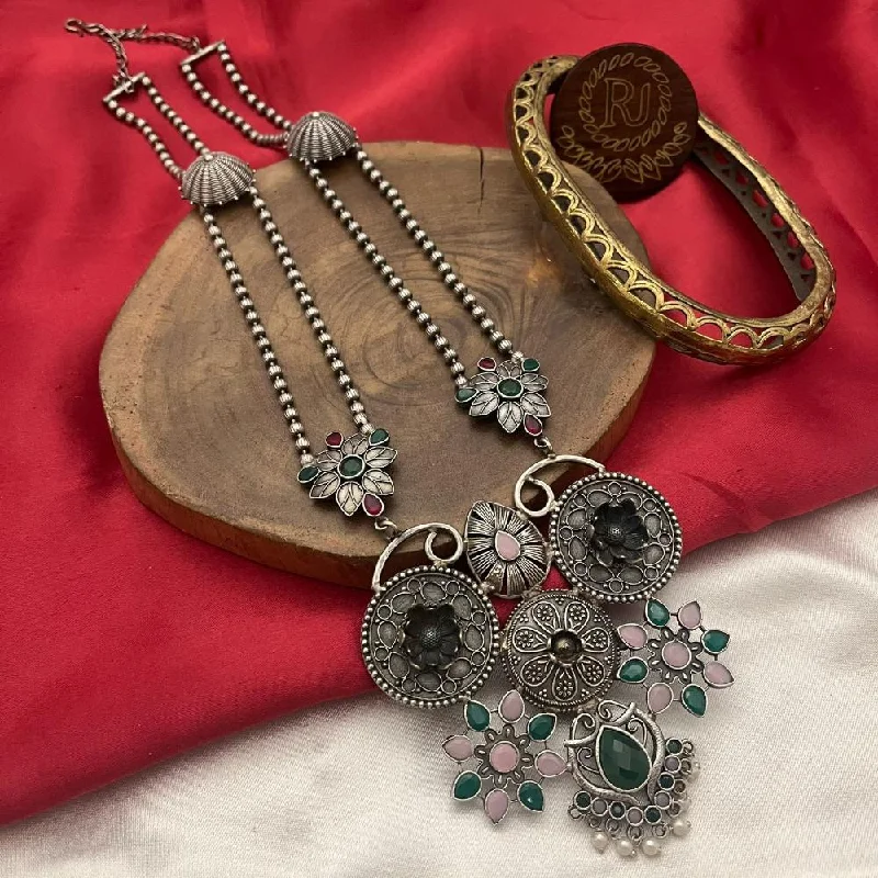 women’s anniversary necklaces-FS Collection Oxidised  Plated Pota Stone Necklace Set