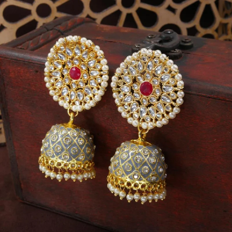 women’s dangly earrings-Etnico Gold Plated Meenakari Kundan & Pearl Drop Jhumka Earrings For Women (E2925Gr)