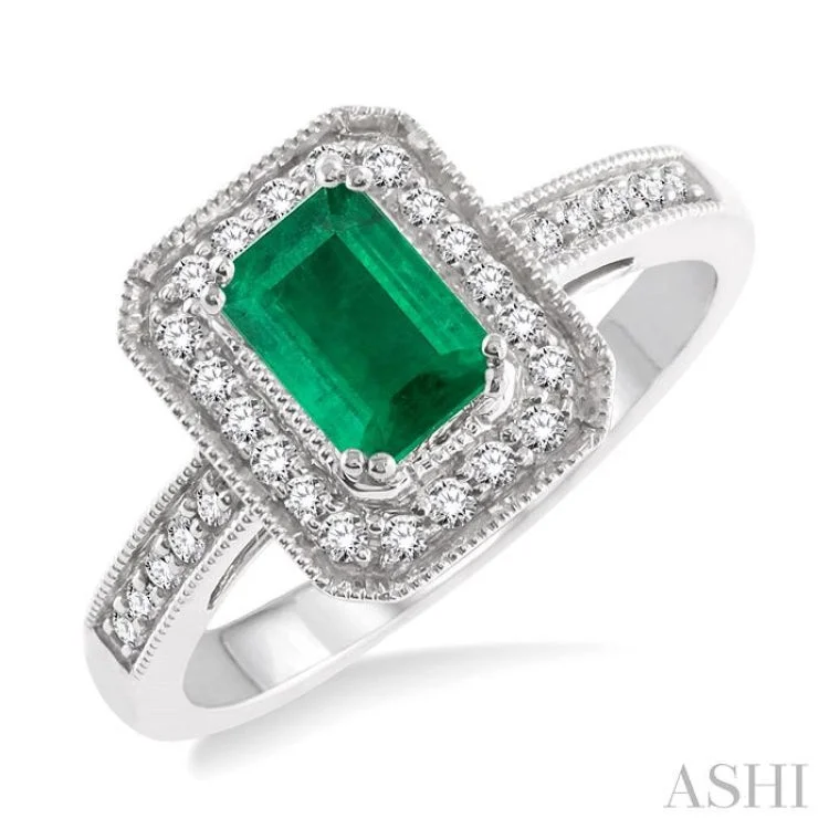 women’s luxury platinum engagement rings-6x4 MM Octagon Cut Emerald and 1/4 Ctw Round Cut Diamond Ring in 14K White Gold