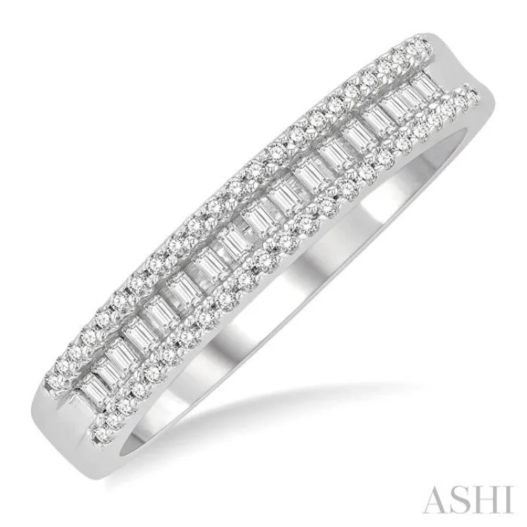 women’s solitaire rings-1/3 ctw Baguette and Round Cut Diamond Stackable Fashion Band in 14K White Gold