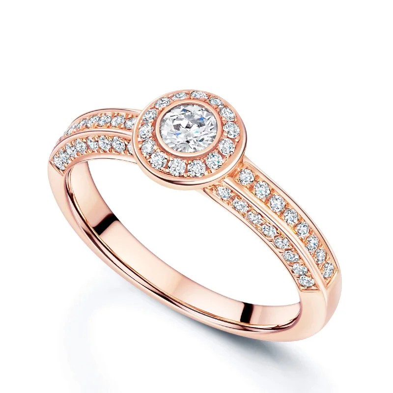 women’s unique diamond engagement rings-18ct Rose Gold Round Brilliant Cut Halo Diamond Ring With Diamond Set Shoulders