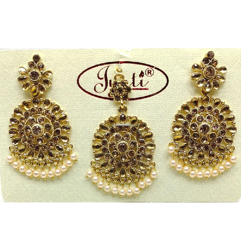 women’s geometric earrings-Tip Top Jewellers Gold Plated Austrian Stone And Pearl Earrings With Mangtikka