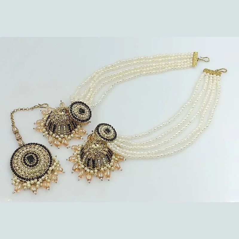 women’s romantic earrings-Rani Sati Jewels Gold Plated Pearl Kan Chain Jhumki Earrings With Mangtikka