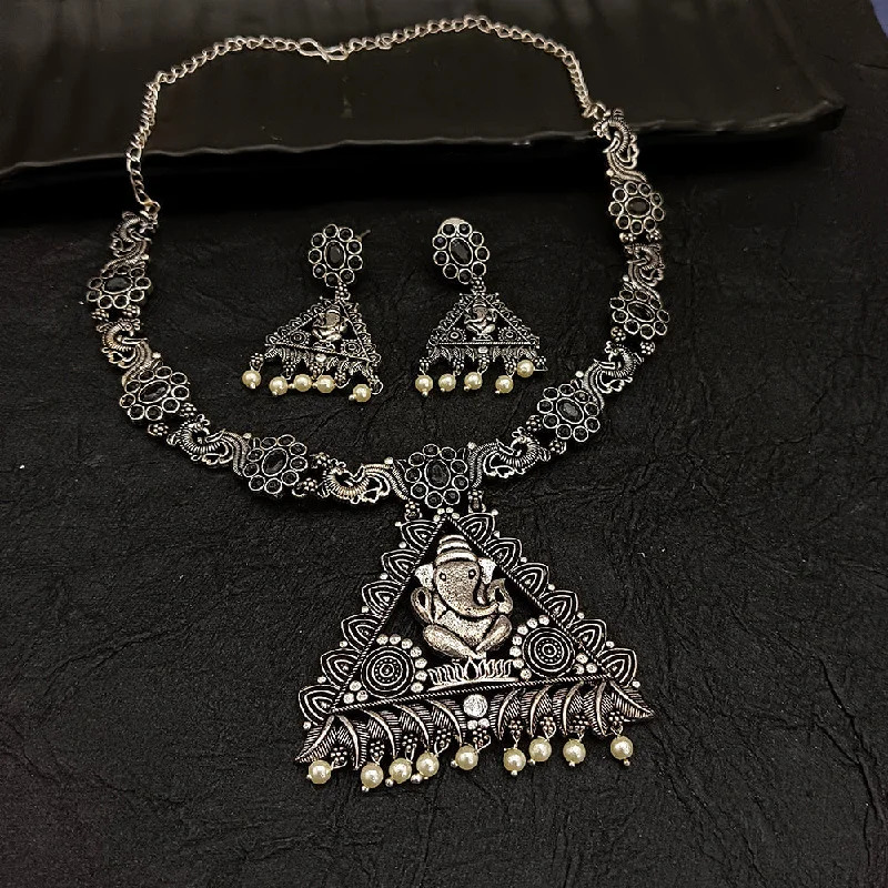 women’s turquoise necklaces-Deep Jewell Oxidised Plated Ganesha Pearl Necklace Set