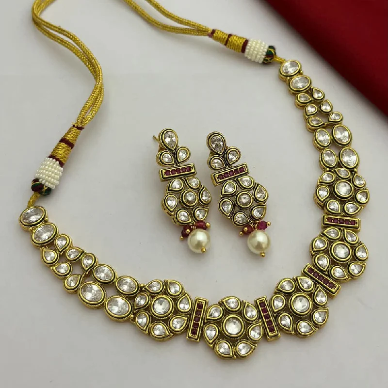 women’s minimalist necklaces-FS Collection Gold Plated Kundan Stone Necklace Set