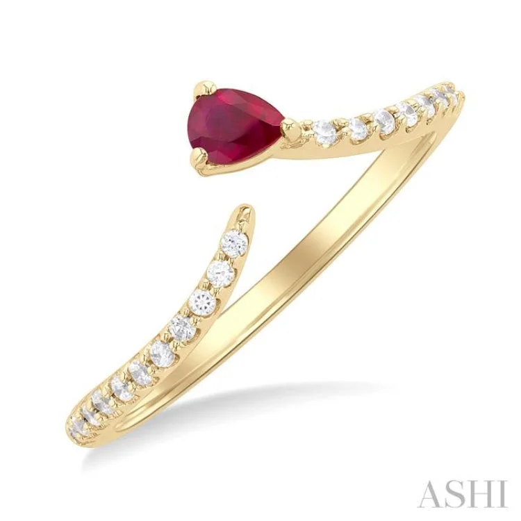 women’s vintage diamond rings-1/10 ctw Petite 4X3MM Pear Cut Ruby and Round Cut Diamond Precious Fashion Ring in 10K Yellow Gold