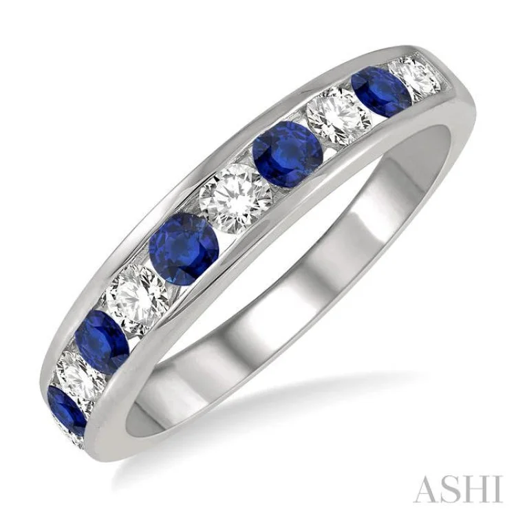 women’s matching rings-3/8 ctw Round Cut Diamond and 2.6MM Sapphire Precious Wedding Band in 14K White Gold