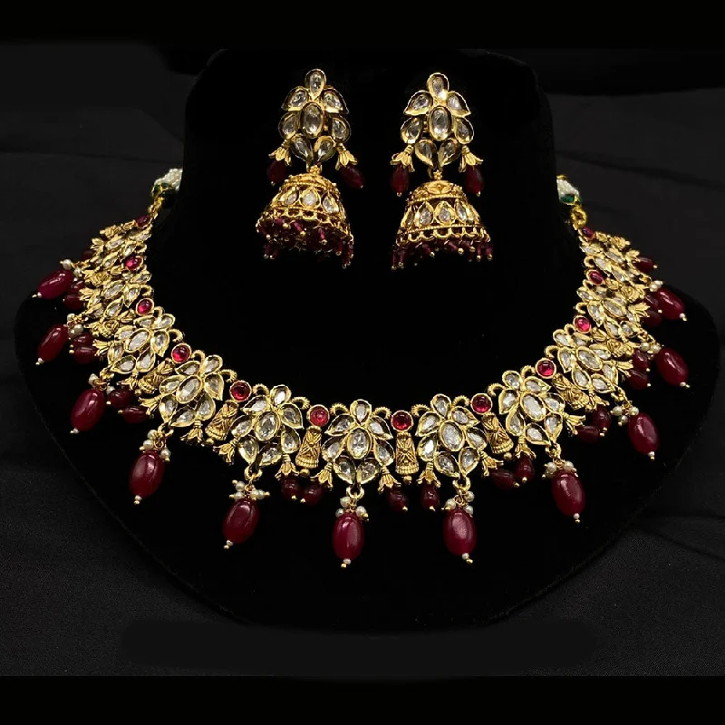 women’s fashion necklaces-Amoliya Jewels Gold Plated Polki Kundan Stone And Beads Necklace Set