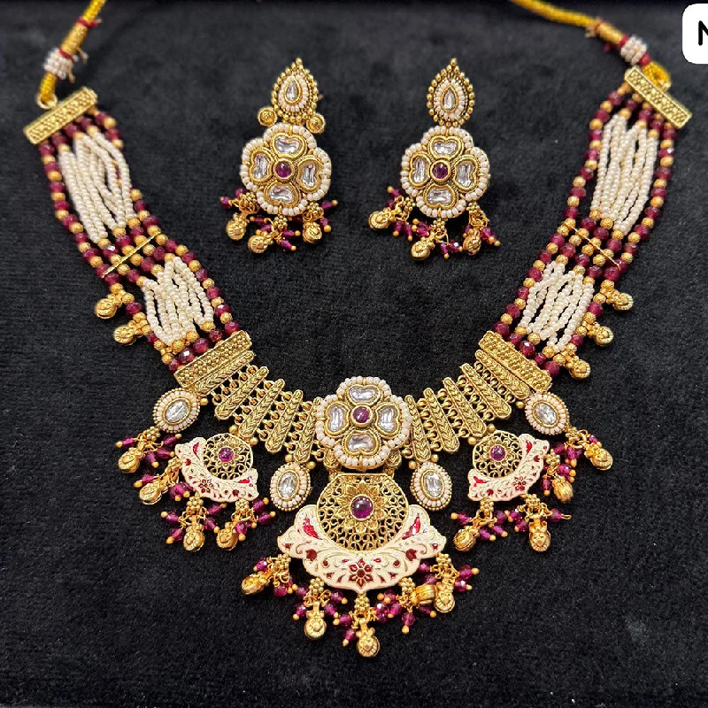 women’s adjustable fashion necklaces-JCM Gold Plated Kundan Stone Pearl And Meenakari Necklace Set