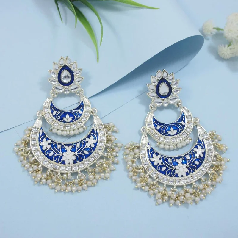 women’s moonstone earrings-Etnico Gold Plated Traditional Meenakari Kundans & Pearls Earrings For Women (E3003Bl)