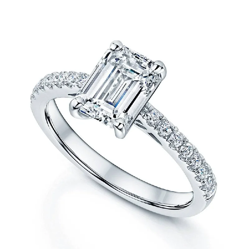 women’s fancy cut engagement rings-Platinum GIA Certificated Emerald Cut Diamond Ring With Diamond Set Shoulders