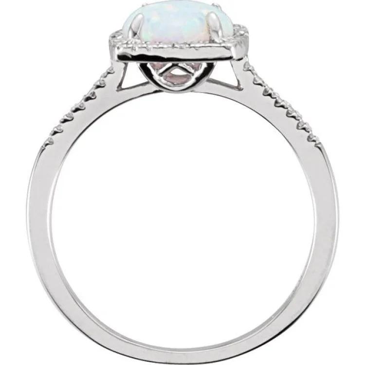 women’s forever engagement rings-Sterling Silver Lab-Grown White Opal & .01 CTW Natural Diamond Ring