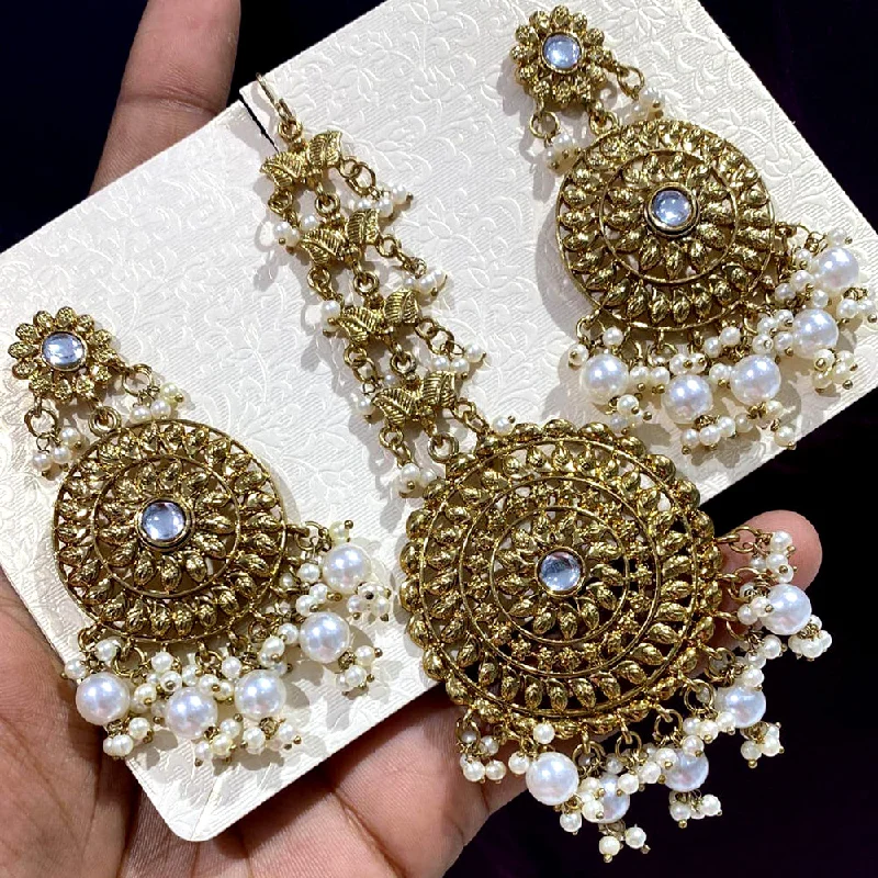 women’s diamond hoop earrings-Rani Sati Jewels Gold Plated Pearl Dangler Earrings With Mangtikka