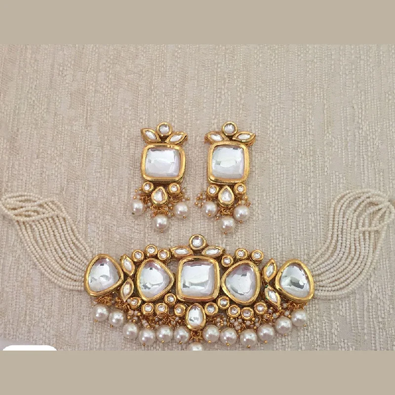 women’s double chain necklaces-FS Collection Gold Plated Kundan Stone And Pearls Choker Necklace Set