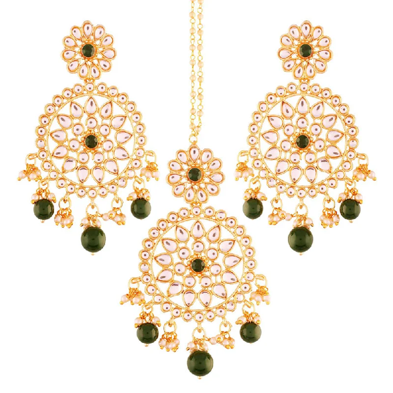 women’s chandelier earrings-Etnico 18K Gold Plated Traditional Kundan & Pearl Studded Chandbali Earrings With Maang Tikka Set (TE2462G)