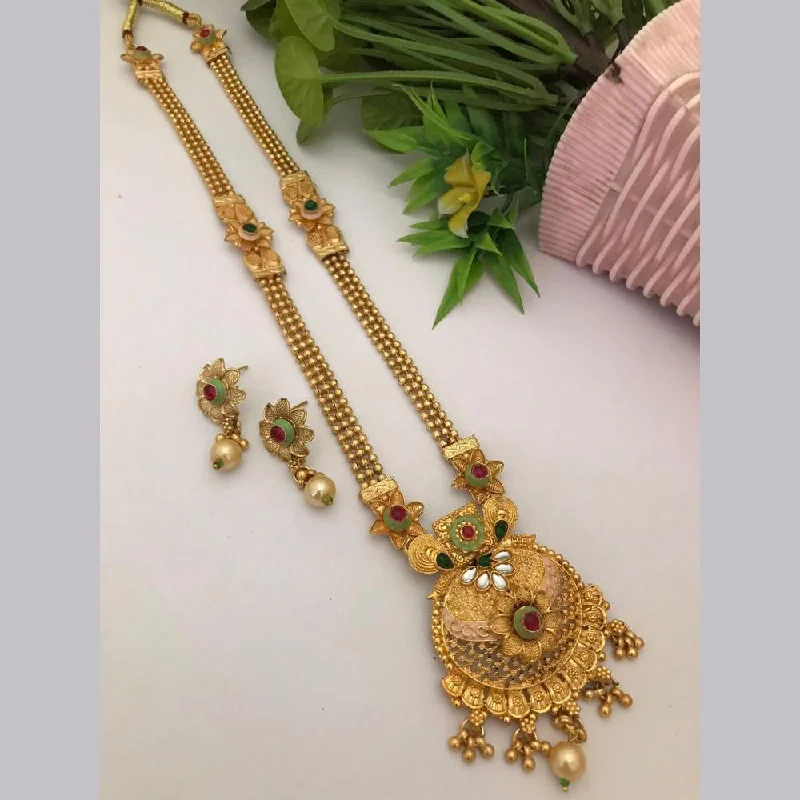 women’s diamond chain necklaces-FS Collection Gold Plated Kundan Stone Long Necklace Set