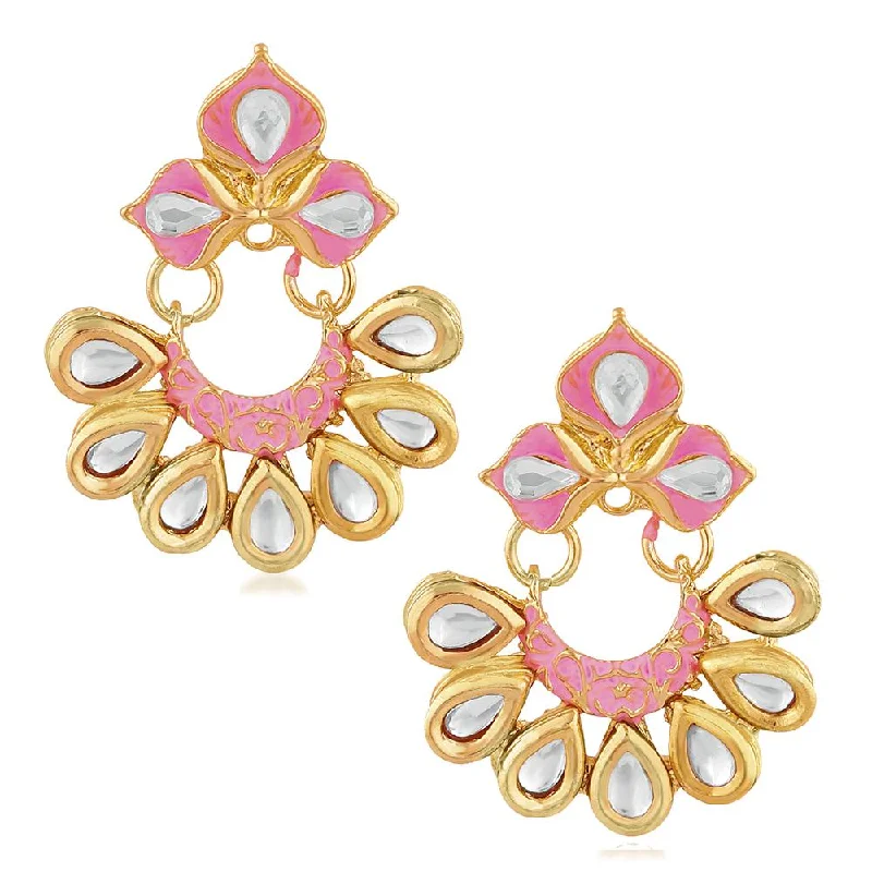 women’s long dangly earrings-Mahi Traditional Floral Chandbali Kundan and Light Pink Meenakariwork Earrings for Women (ER1109677G)