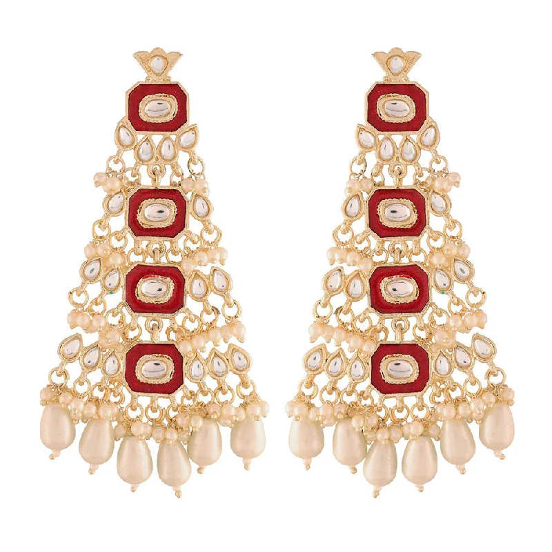 women’s pearl earrings-Etnico18k Gold Plated Red Meenakari Kundan Pearl Chandbali Dangle Earrings for Women (E2938R)