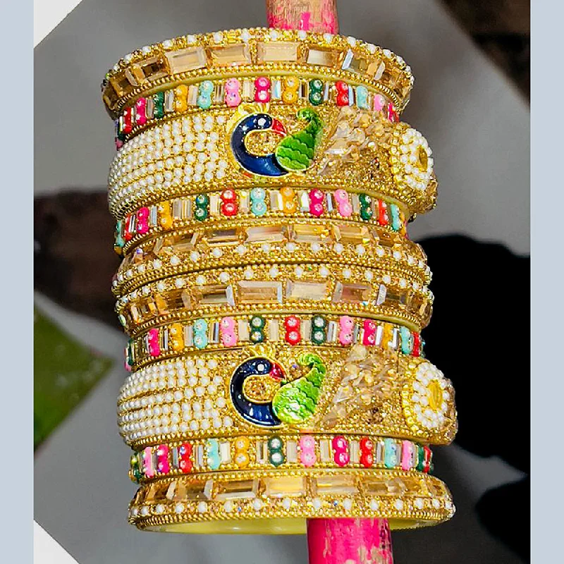 women’s leather bracelets-Pooja Bangles Gold Plated Meenakari And Crystal Bangles Set