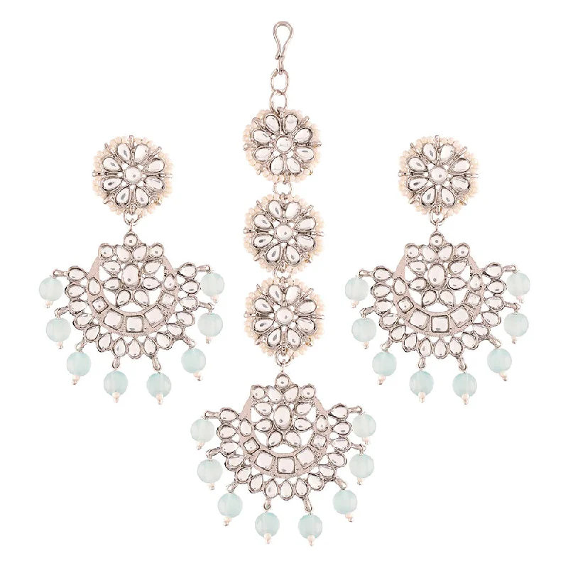 women’s long dangling earrings with diamonds-Etnico18K Rhodium Plated with Stunning Matte Finish Traditional Kundan & Faux Pearl Chandbali Earrings with Maang Tikka Set (TE2911ZSB)