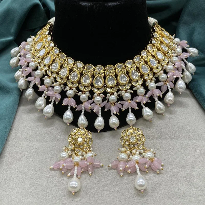 women’s multi-strand necklaces-Amoliya Jewels Gold Plated Polki Kundan Stone And Pearls Necklace Set