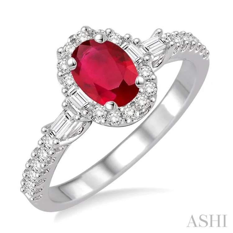 women’s designer engagement rings-6x4 MM Oval Shape Ruby and 3/8 Ctw Diamond Ring in 14K White Gold