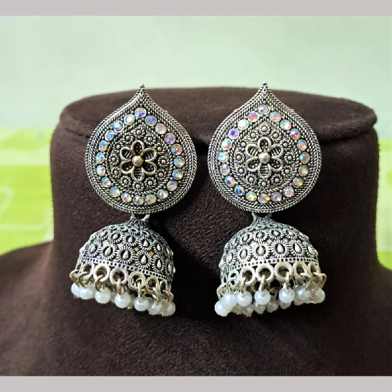 women’s hoop earrings with pearls-H K Fashion Oxidised Plated Austrian Stone And Beads Jhumki Earrings