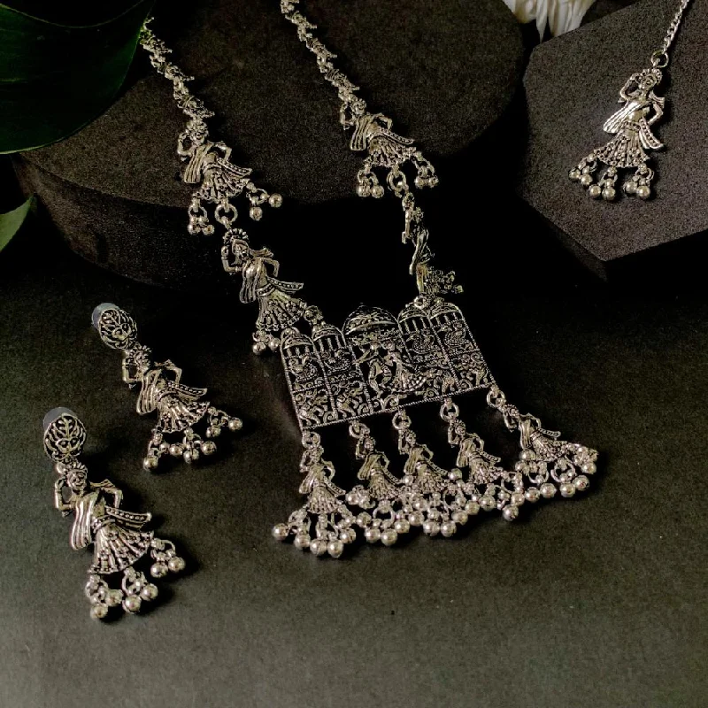 women’s double pendant necklaces-Etnico Ethnic Silver Oxidised Inspired by Garba With Peacock and Elephant Design Long Necklace Jewellery Set For Women/Girls (MC153OX)