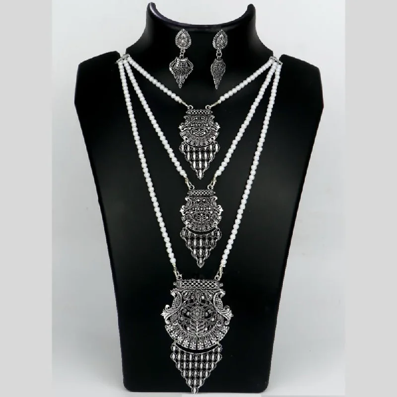 women’s gold-plated charm necklaces-Mahavir Oxidised Plated Long Pearls Necklace Set