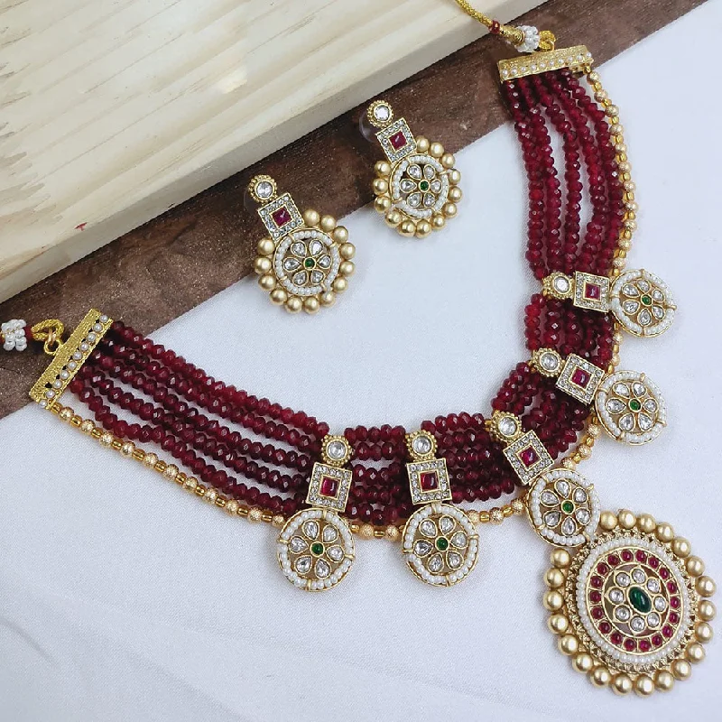 women’s romantic necklaces-Lucentarts Jewellery Gold Plated Pota Stone And Beads Necklace Set