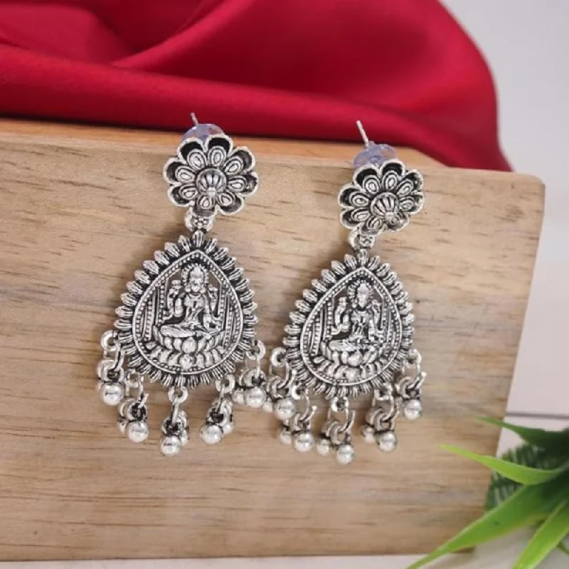 women’s elegant drop earrings-Etnico Navratri Ethnic Silver Oxidised Afghani Style Floral Design Temple Earrings For Women (E3224OX)