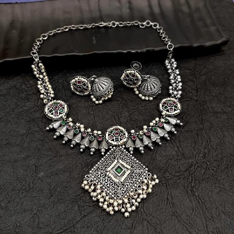 women’s gemstone necklaces-Deep Jewell Oxidised Plated Crystal Stone Necklace Set