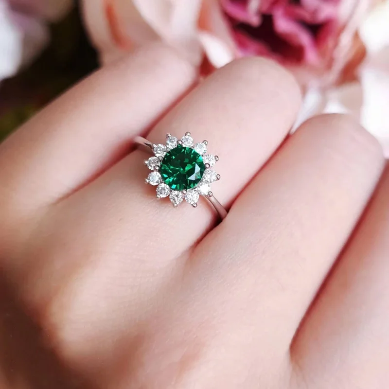 women’s emerald diamond engagement rings-Zarkan 925 Silver Green Flower Solitaire American Diamond Ring