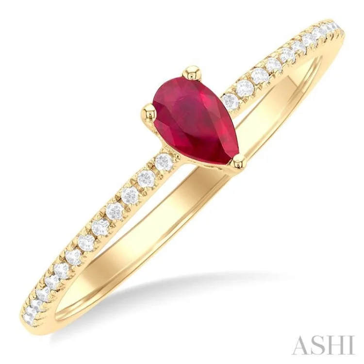 women’s eternity rings with diamonds-1/10 ctw Petite 5X3MM Pear Cut Ruby and Round Cut Diamond Precious Fashion Ring in 10K Yellow Gold