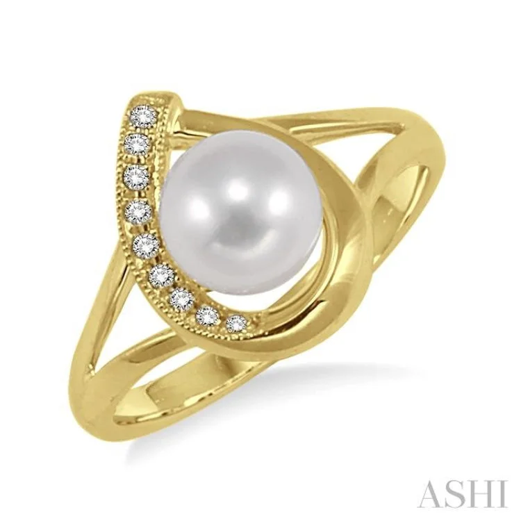 women’s vintage engagement rings-6.5MM Cultured Pearl and 1/20 ctw Round Cut Diamond Ring in 10K Yellow Gold