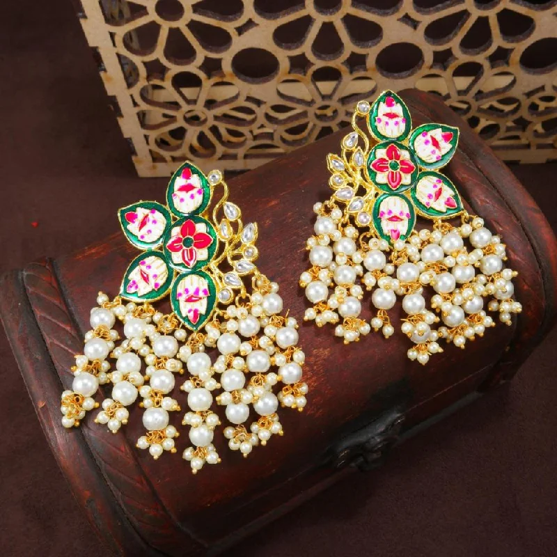 women’s black earrings-Etnico Gold Plated Meenakari Kundan & Pearl Drop Earrings For Women (E2923G)