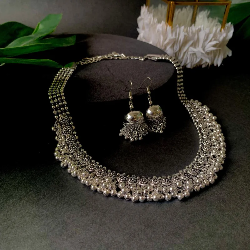 women’s classic gold necklaces-Etnico Ethnic Silver Oxidised Floral Design Ghungroo Long Necklace Jewellery With Jhumka Earrings Set For Women/Girls (MC158OX)