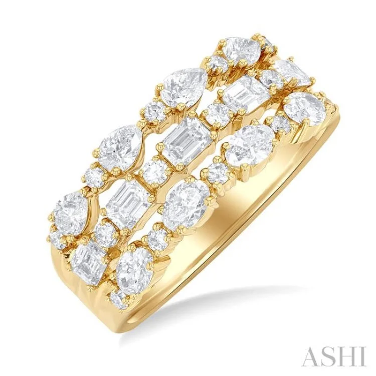 women’s adjustable rings-1 1/2 ctw Triple Row Multi-Cut Diamond Fashion Band in 14K Yellow Gold