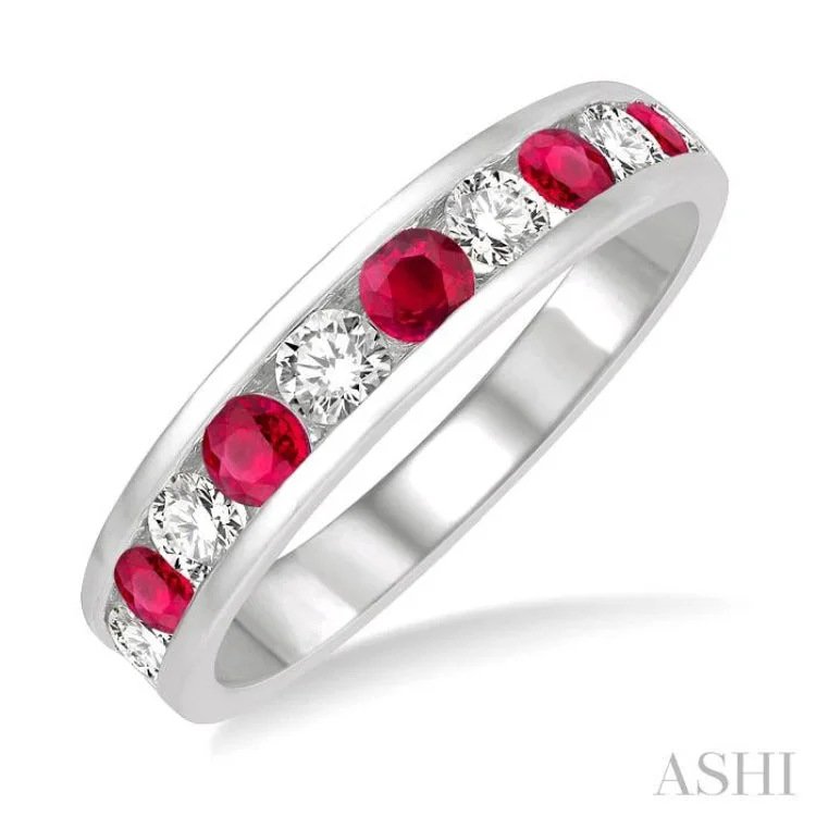 women’s silver engagement rings with gems-1/2 ctw Round Cut Diamond and 2.9MM Ruby Precious Wedding Band in 14K White Gold