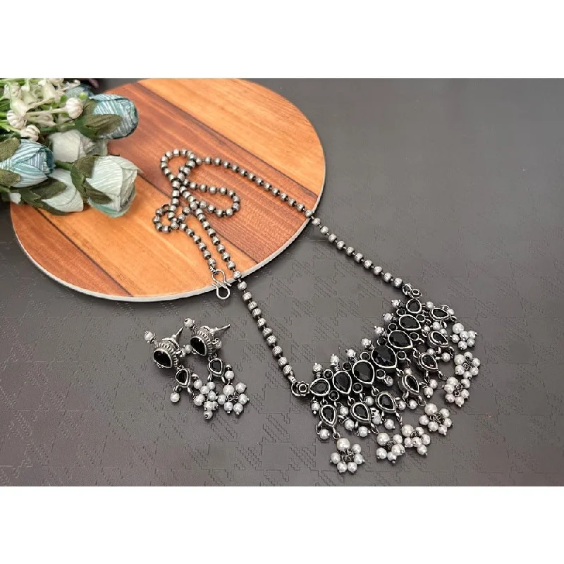 women’s heart-shaped necklaces-Akruti Collection Oxidised Plated Long Necklace Set