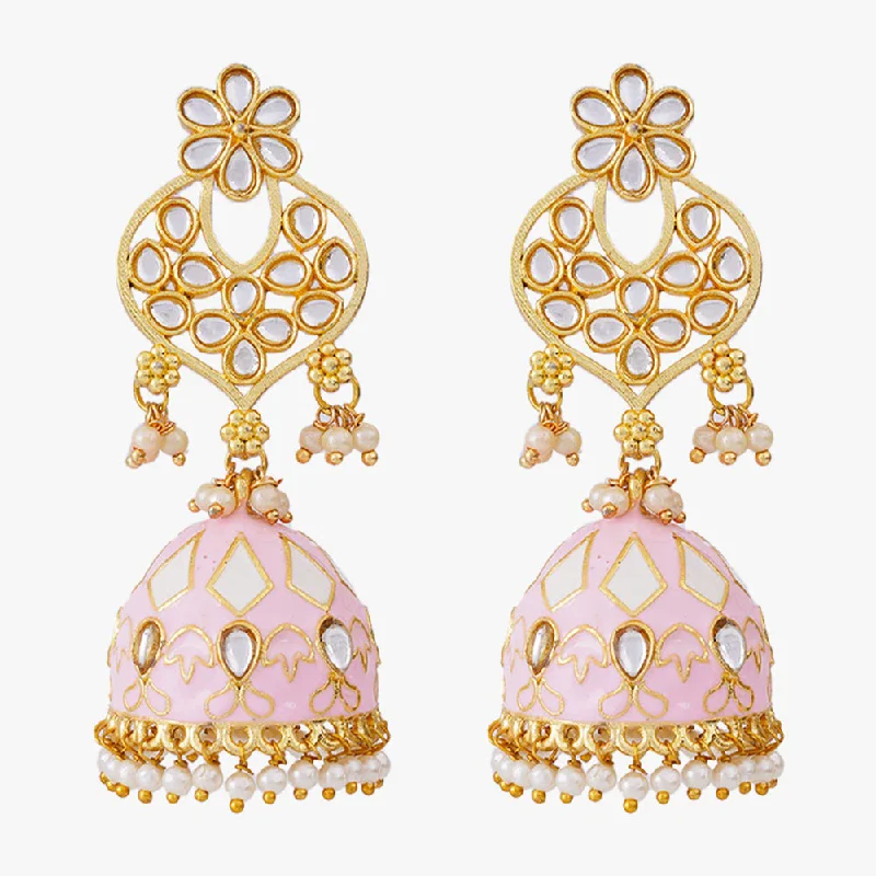 women’s gold earrings-Shagna Gold Plated Meenakari And Pearls Jhumki Earrings