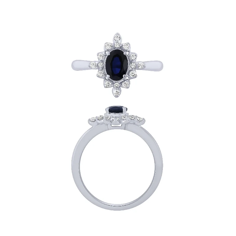 women’s luxury engagement rings-14K White Gold Sapphire And Diamond Ring With 1.00Ct Center Oval Blue Sapphire