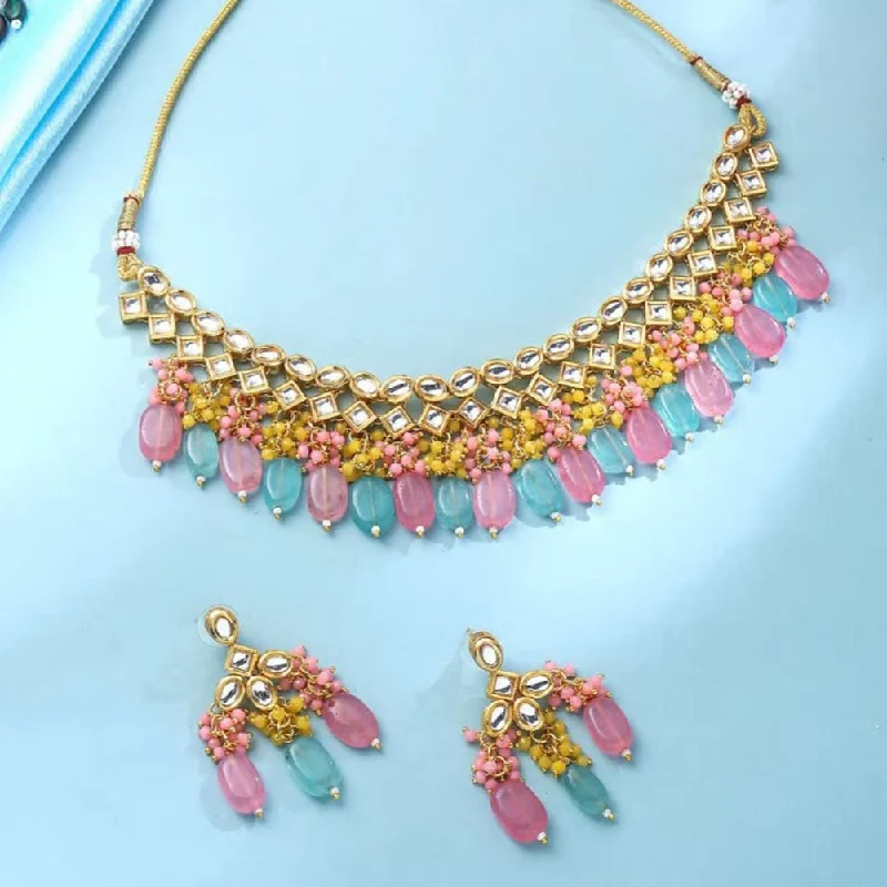 women’s name necklaces-FS Collection Gold Plated Kundan Stone And Beads Necklace Set