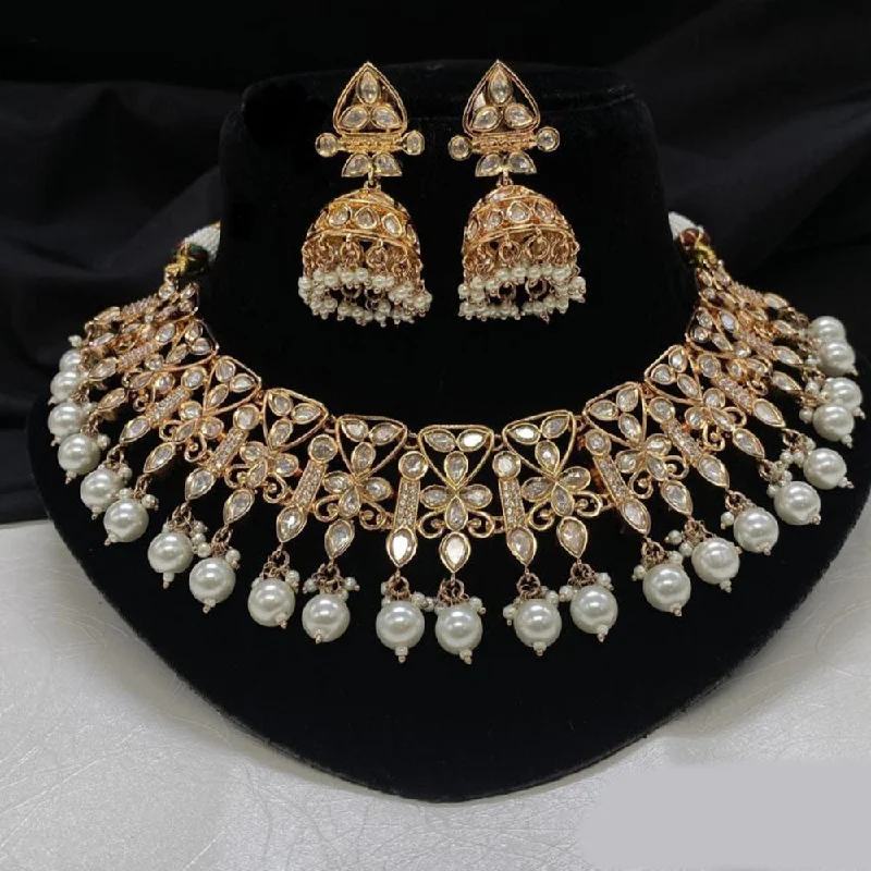 women’s rose gold necklaces-Amoliya Jewels Gold Plated Polki Kundan Stone And Pearls Necklace Set